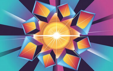 Abstract geometric crystal burst with radiant sun in center