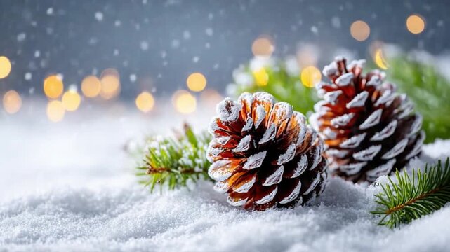 Winter Wonderland Pinecones: A pair of majestic pinecones rests gracefully amidst a soft blanket of snow, framed by gentle evergreens, and softly illuminated by the glow of the distant lights