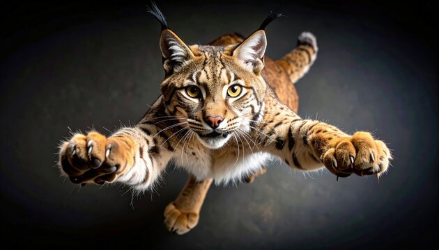Dramatic perspective of a bobcat mid-leap claws extended predatory nature