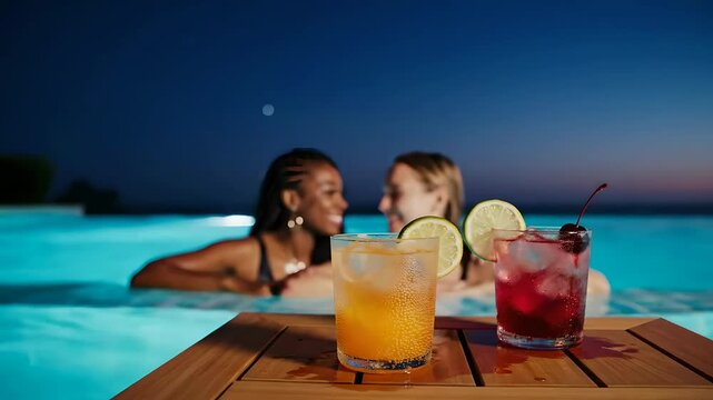 Two Women Relaxing with Cocktails in a Pool at Night