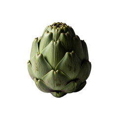 Fototapeta premium A single, perfect, raw artichoke, green and purple leaves forming a beautiful flower-like pattern. Dramatic side lighting highlights its unique texture. Ideal for gourmet recipes, healthy eating,