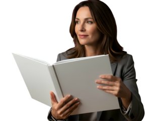 Elegant Woman Holding Blank Book Mockup Business Presentation Template