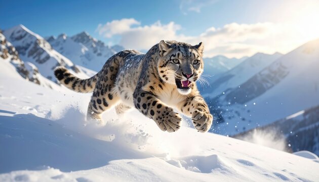 Majestic snow leopard mid-air prowl in frozen mountain scenery view