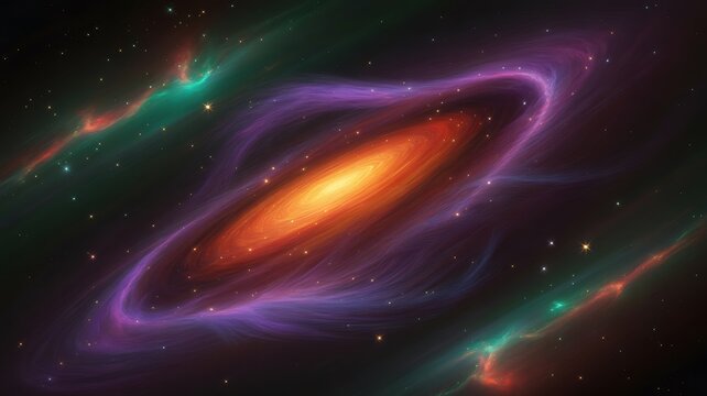 Vibrant galaxy with swirling purple and orange cosmic dust and stars