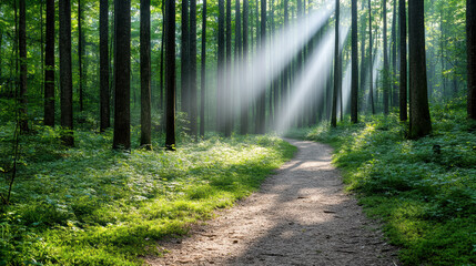 Obraz premium Serene trail winds through lush forest, illuminated by soft beams of light filtering through