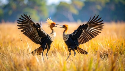 Fototapeta premium Bengal Floricans duel in golden grasslands, courtship display of exotic birds