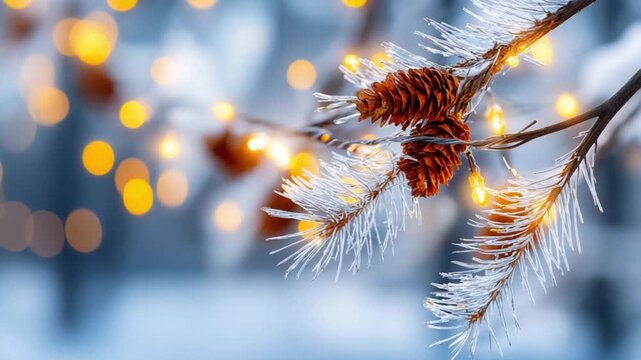 Winter Branch with Cones: Delicate branches, adorned with ice crystals and pine cones, sparkle softly against a blurred backdrop of warm, twinkling lights, embodying the tranquil essence of winter.