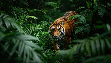 Magnificent Bengal tiger ambushing amidst lush green foliage in its habitat