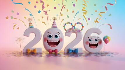 Obraz premium Cheerful 2026 New Year celebration illustration with happy cartoon numbers confetti and party hats