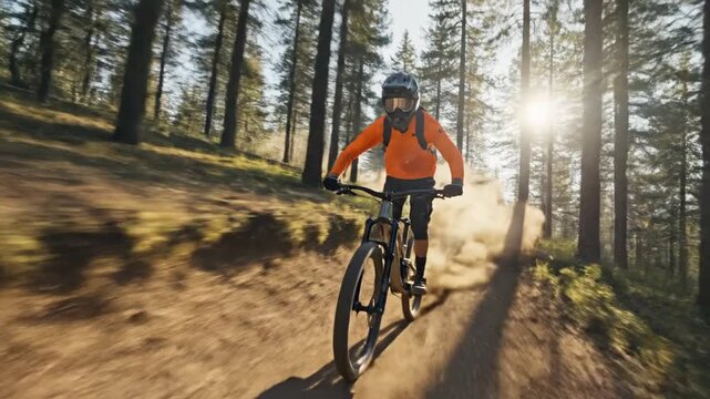 Dynamic Mountain Biker Shreds Forest Trail, Kicking Up Dust in Thrilling Descent