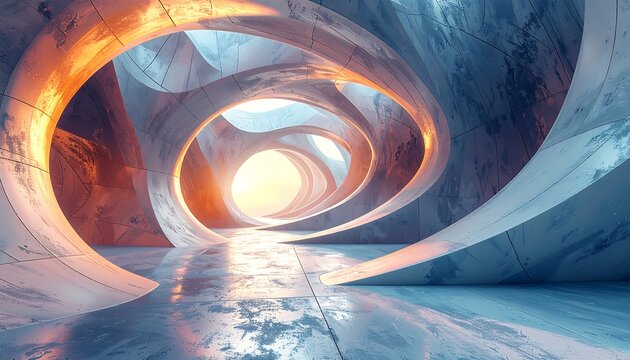 Abstract architectural tunnel with reflective surfaces and dramatic lighting