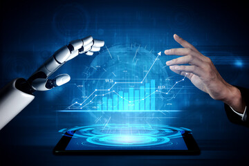 A captivating image showcasing a robotic arm and a human hand reaching towards each other, surrounded by digital graphs and data on a tablet, representing technological collaboration. Scalp
