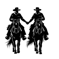 Silhouette of Two Cowboys Riding Horses and Holding Hands, Symbolizing Partnership and Western Adventure