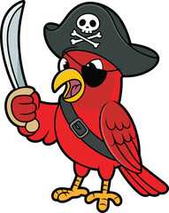 Colorful cartoon pirate parrot holding sword, funny tropical bird character wearing pirate hat and eyepatch, adventure mascot illustration for kids and sea themed design
