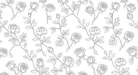 Elegant Black and White Seamless Rose Flower Pattern Vector Illustration
