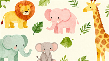 Naklejka premium Colorful cartoon animals in jungle setting