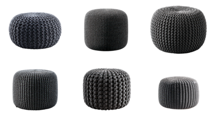 Collection of stylish, dark grey textured poufs and ottomans, perfect for enhancing modern interior designs with comfort and versatile accent seating solutions