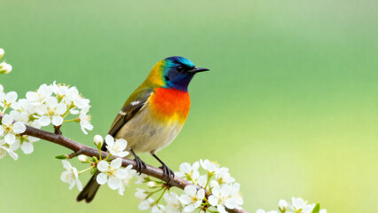 Colorful bird perched on flowering branch