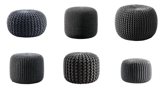 Collection of stylish, dark grey textured poufs and ottomans, perfect for enhancing modern interior designs with comfort and versatile accent seating solutions