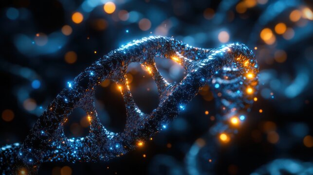 DNA Helix: A captivating depiction of a shimmering DNA helix, illuminated with radiant blue and gold lights against a dark background, representing the essence of life's building block.