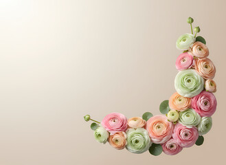 Floral crescent made of pastel ranunculus flowers on beige background