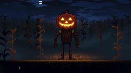 A spooky scarecrow with a glowing jack-o'-lantern head stands in a dark cornfield at night. - Powered by Adobe