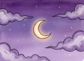 Purple night sky with crescent moon illustration