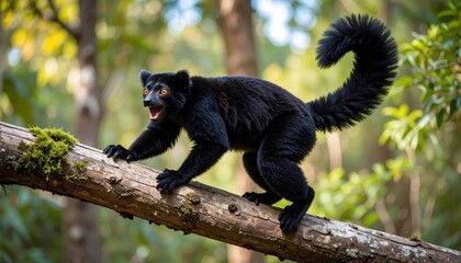 Obraz premium Ebony lemur poised mid-branch expressing its wild nature in a lush forest