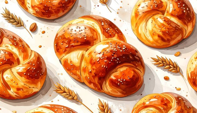 Close-up of multiple baked golden-brown bread rolls with sprinkled seeds - Powered by Adobe