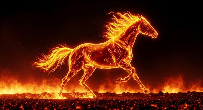 A powerful mythical horse made of fire galloping through a burning landscape.