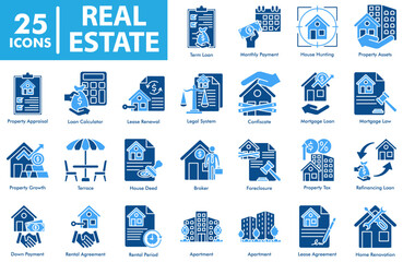 Real Estate Icon Set in Duotone Solid Style. Including management, mortgage, property, investment, and legal process. Useful for presentations, infographics, and web applications related to finance