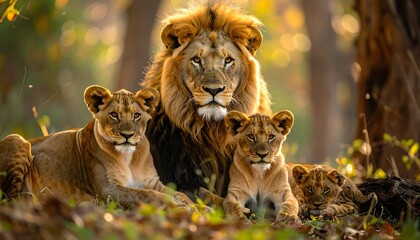 Obraz premium Family of lions resting in the sunshine. A majestic lion is the focal point