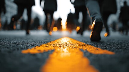Arrow Leads the Way: A low-angle shot captures the dynamic flow of a crowd of people walking on a city street, with a bright yellow arrow painted on the asphalt. The setting sun casts a warm glow.