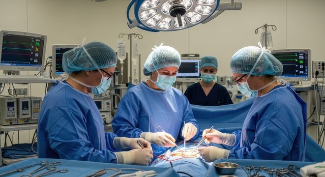 Team of dedicated surgeons perform critical procedure in modern operating room setting - Powered by Adobe