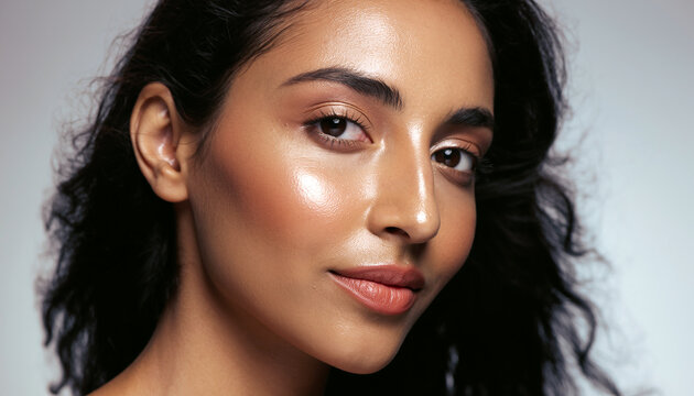 Close-up portrait of a young adult woman with dark hair and radiant, highlighted skin looking towards the camera.