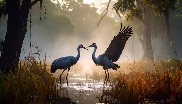 Brolga Cranes in Misty Swamp Embrace Tranquility and Wilderness Scenery
