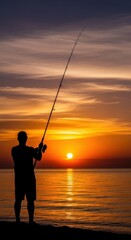 Silhouette angler at sunset, casting rod toward shimmering horizon during evening glow