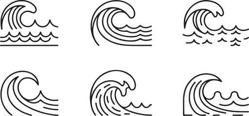 Fototapeta premium Large Ocean Water Wave Outline Vector Icon Set