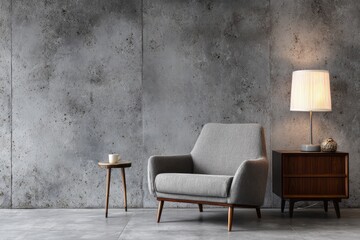 Comfortable armchair with side table and lamp against textured wall.