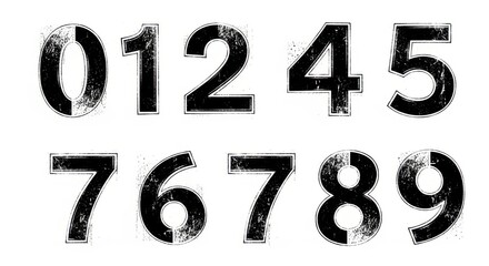 Distressed black numbers display offering a textured numerical collection from zero to nine