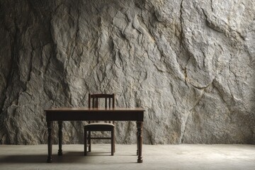 Empty wooden table and chair set against a textured stone wall.