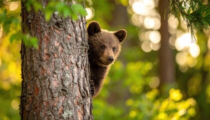 Obraz premium Adorable brown bear cub playfully peeking from behind a textured tree trunk