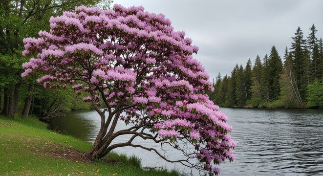 Blooming rhododendron cascade at riverside edge, a natural scene beauty