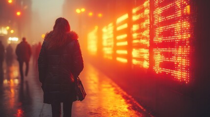 Foggy Urban Enigma: A solitary figure navigates a misty cityscape, where illuminated signs cast an ethereal glow, evoking feelings of mystery and anonymity.