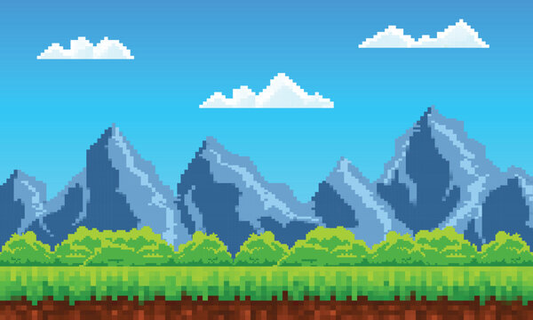 Flat cartoon of pixel art landscape mountain Illustration background for Retro Game Design