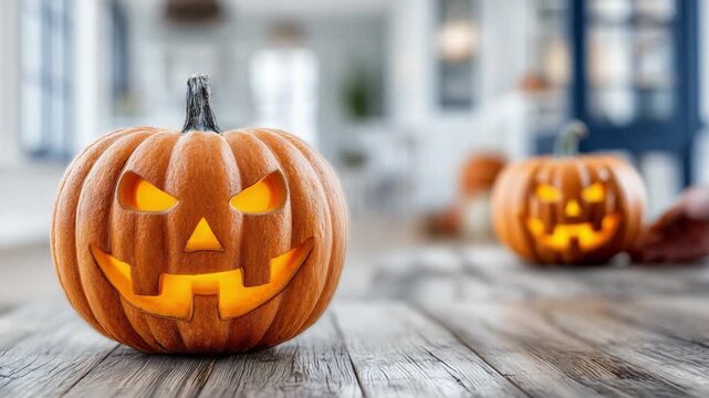Halloween Pumpkin: A meticulously carved Jack o' Lantern, radiating an eerie glow, takes center stage amidst a rustic, warm-toned Halloween setting.