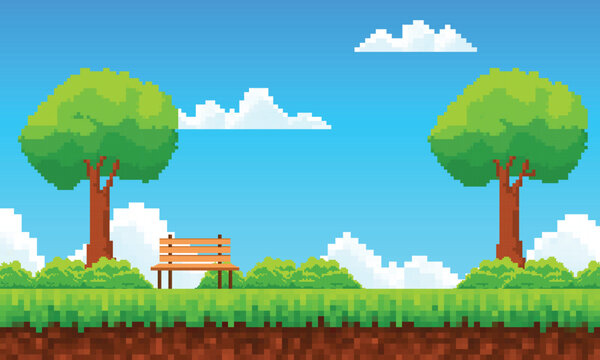 Flat cartoon of pixel art park landscape with blue sky illustration background