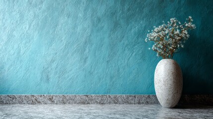 A textured teal wall forms a backdrop for a speckled vase with delicate white flowers.