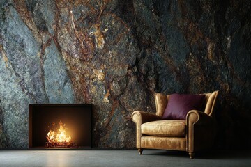 Warm armchair and glowing fireplace beside a rugged stone wall.