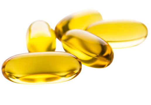 Isolated Omega 3 fish oil capsules , Close up of food supplement oil filled capsules suitable for: fish oil, omega 3, omega 6, omega 9, evening primrose, borage oil, flax seeds oil